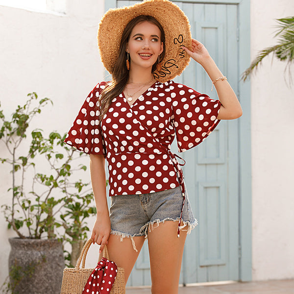 Vintage v-neck pullover polka dot shirt summer  independent station  European and American horn sleeve one-piece top
