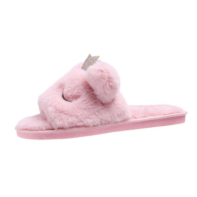 Women's fuzzy slippers - winter indoor/outdoor plush flat floor slippers - open toe crown thong slippers - warm cotton slippers