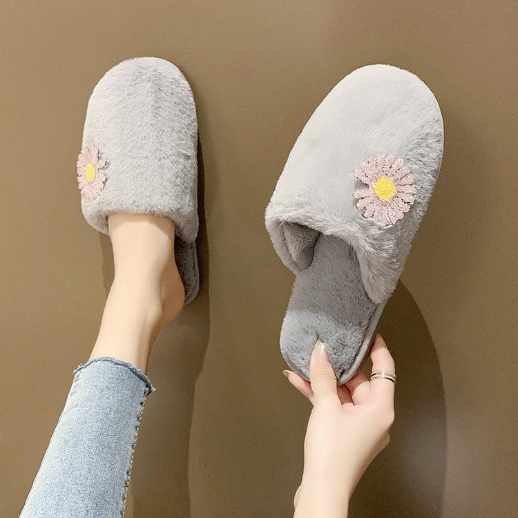 2024 spring/autumn/winter new fuzzy slippers for women, closed-toe flat bottom plush cotton slippers, daisy design women's shoes wholesale