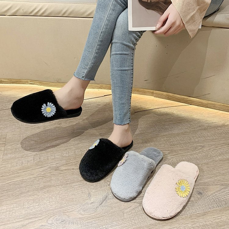 2024 spring/autumn/winter new fuzzy slippers for women, closed-toe flat bottom plush cotton slippers, daisy design women's shoes wholesale