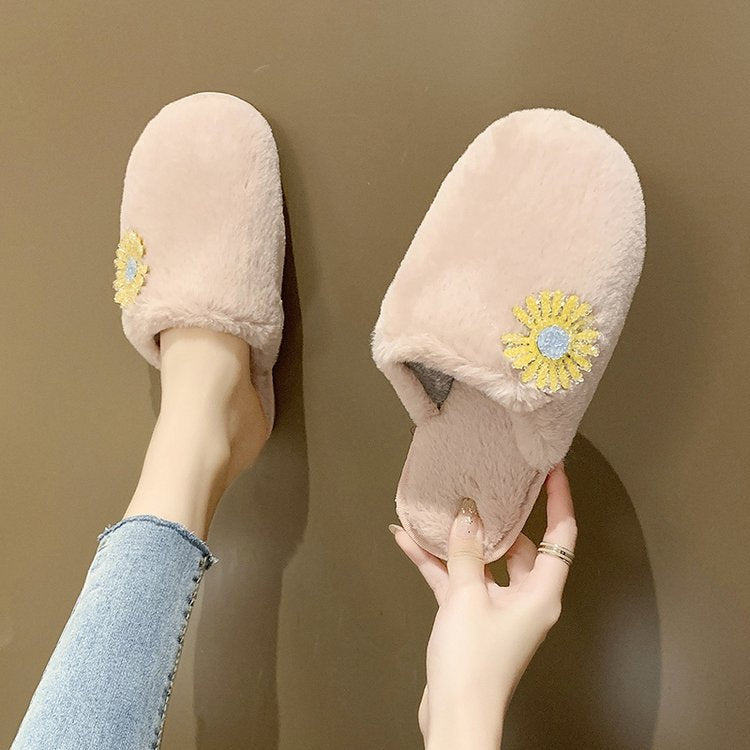 2024 spring/autumn/winter new fuzzy slippers for women, closed-toe flat bottom plush cotton slippers, daisy design women's shoes wholesale