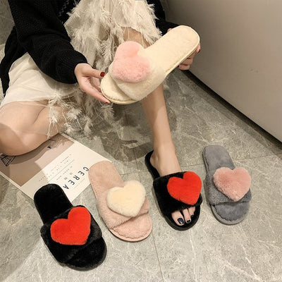2024new arrivalautumnwinterindoorall year roundhome slippers open one word k-stylestuffedcute heart cotton slippers women