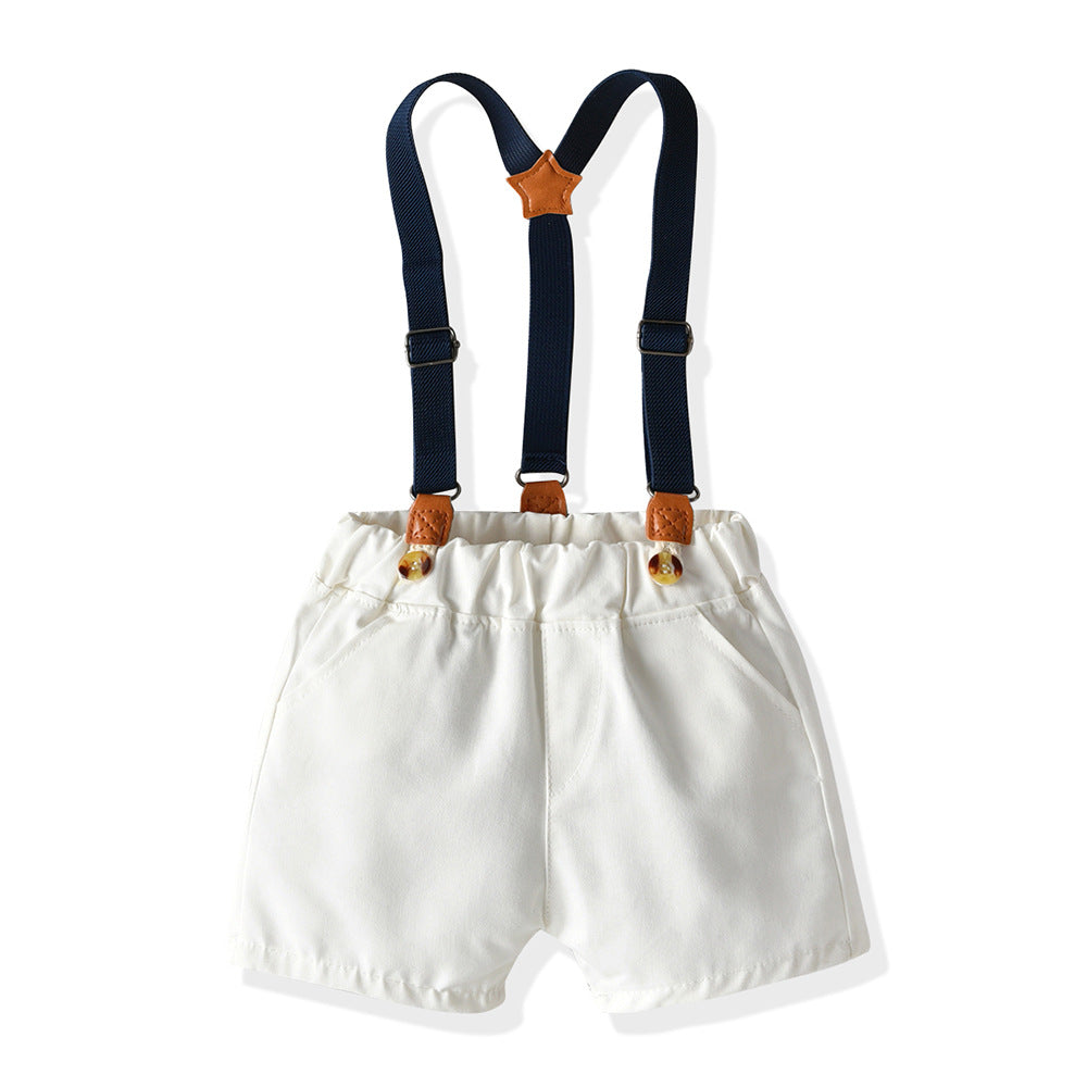 Korean style boys' summer outfit: two-tone plaid short-sleeve shirt and overalls set - perfect for graduation performances