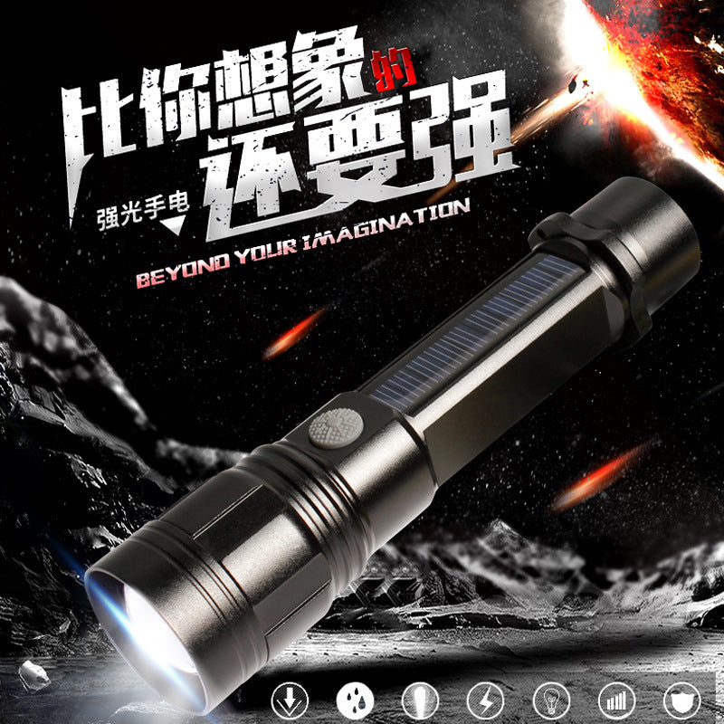 Cross-border new solar flashlight, aluminum alloy car safety hammer flashlight USB charging strong light flashlight