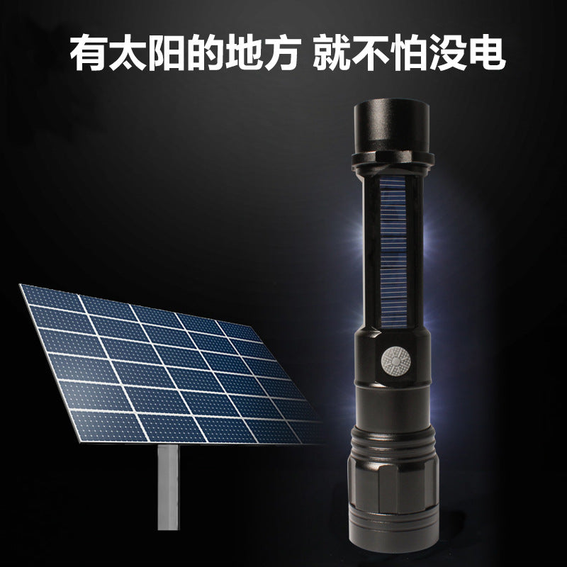 Cross-border new solar flashlight, aluminum alloy car safety hammer flashlight USB charging strong light flashlight