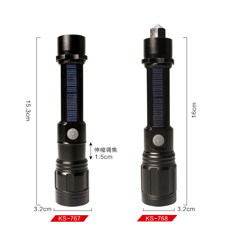 Cross-border new solar flashlight, aluminum alloy car safety hammer flashlight USB charging strong light flashlight