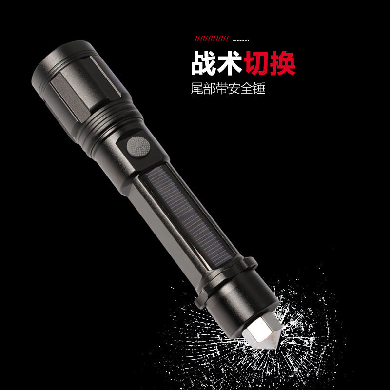 Cross-border new solar flashlight, aluminum alloy car safety hammer flashlight USB charging strong light flashlight