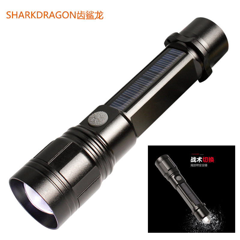 Cross-border new solar flashlight, aluminum alloy car safety hammer flashlight USB charging strong light flashlight