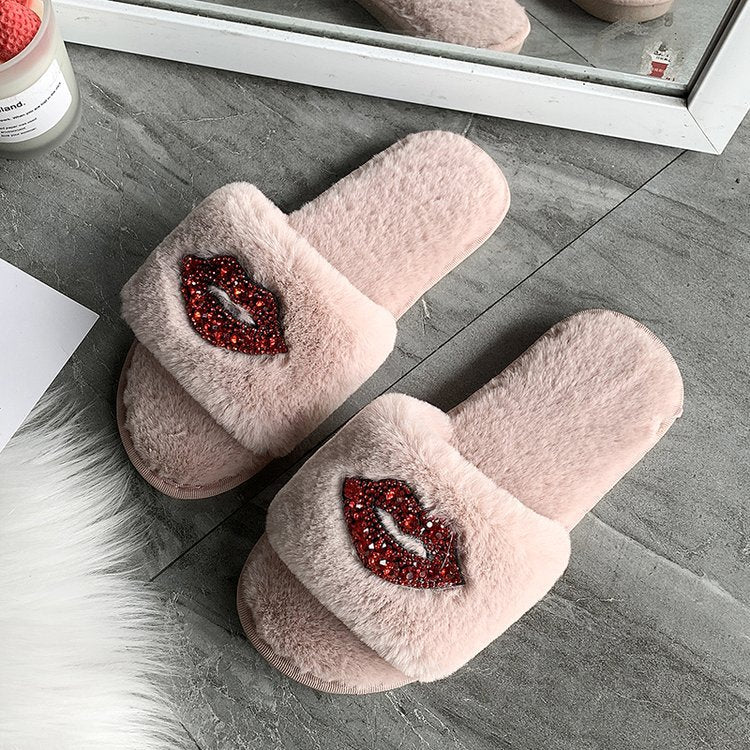 2024 new open-toe fuzzy slippers for women - warm, indoor, flat, rhinestone-embellished cotton slippers for autumn and winter