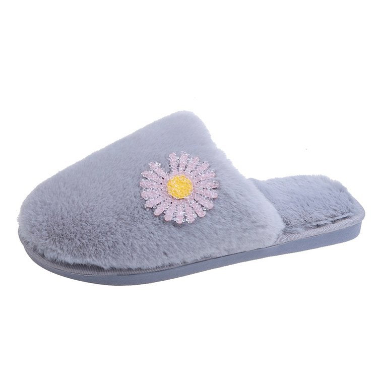 2024 spring/autumn/winter new fuzzy slippers for women, closed-toe flat bottom plush cotton slippers, daisy design women's shoes wholesale