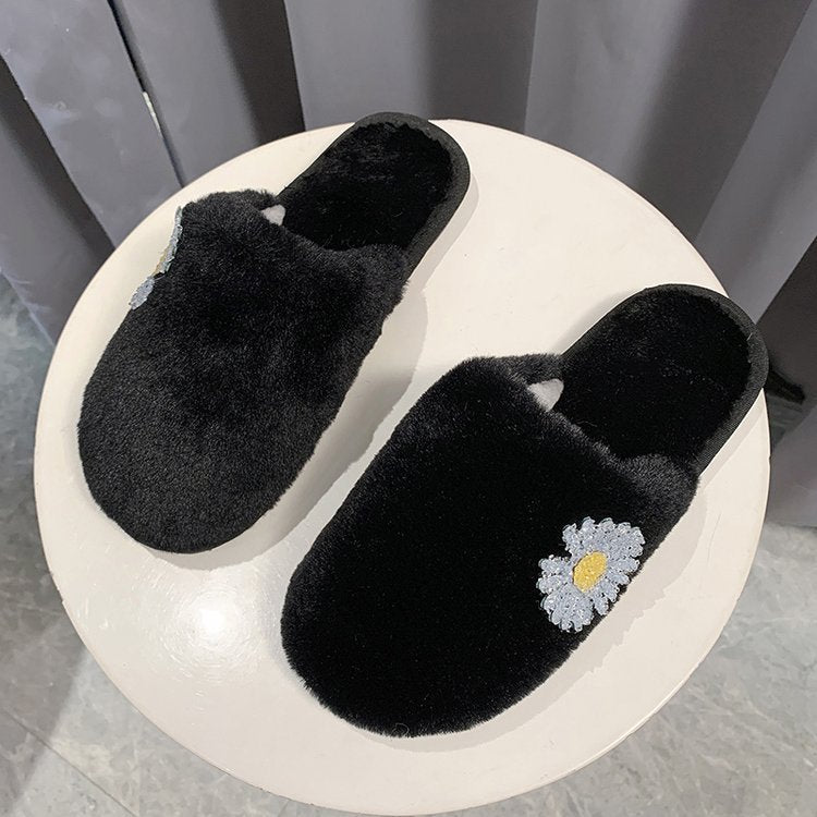 2024 spring/autumn/winter new fuzzy slippers for women, closed-toe flat bottom plush cotton slippers, daisy design women's shoes wholesale
