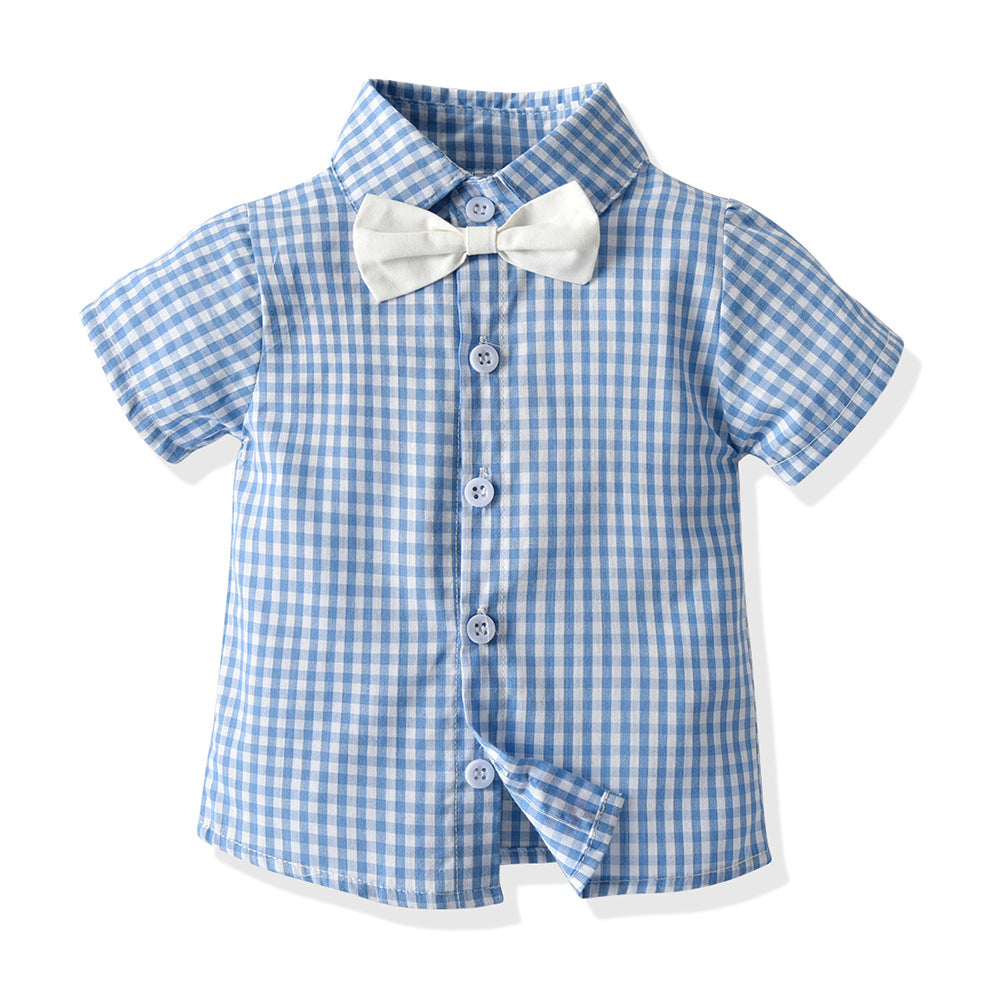 Korean style boys' summer outfit: two-tone plaid short-sleeve shirt and overalls set - perfect for graduation performances