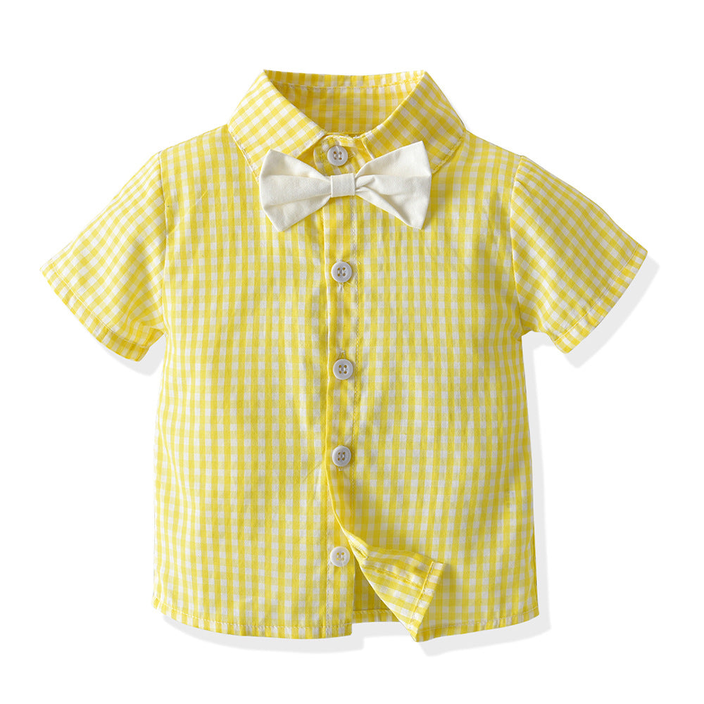Korean style boys' summer outfit: two-tone plaid short-sleeve shirt and overalls set - perfect for graduation performances