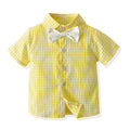 Korean style boys' summer outfit: two-tone plaid short-sleeve shirt and overalls set - perfect for graduation performances