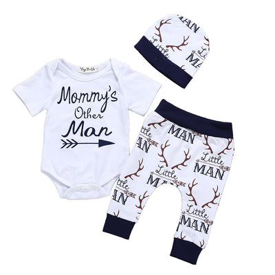 Amazon's bestselling boys' white letter short-sleeve romper, cotton + deer head print pants and hat three-piece set - in stock now!