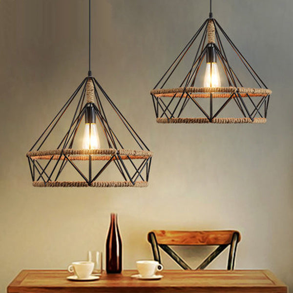 Nordic modern simple restaurant chandelier creative three-head loft lamp, retro restaurant diamond wrought iron hemp rope lamp