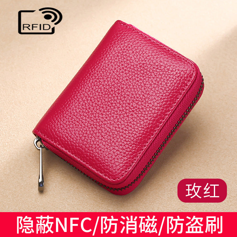 RFID anti-theft brush anti-degaussing PU leather card bag women's leather zipper bank card cover multi-card position large capacity card holder
