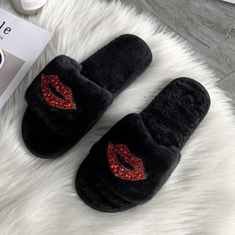 2024 new open-toe fuzzy slippers for women - warm, indoor, flat, rhinestone-embellished cotton slippers for autumn and winter