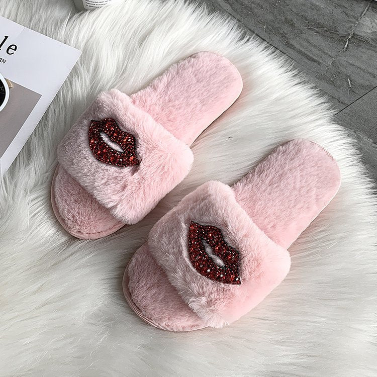 2024 new open-toe fuzzy slippers for women - warm, indoor, flat, rhinestone-embellished cotton slippers for autumn and winter
