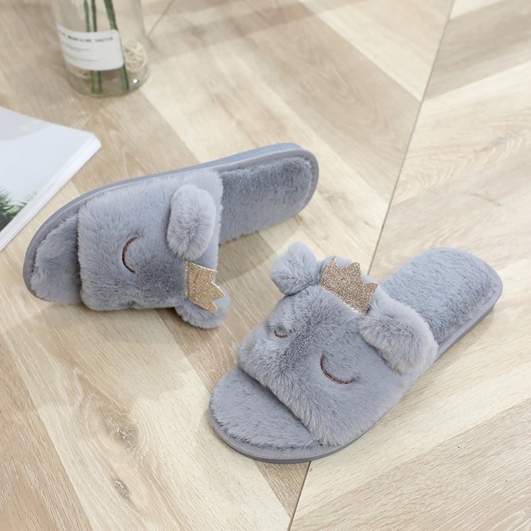 Women's fuzzy slippers - winter indoor/outdoor plush flat floor slippers - open toe crown thong slippers - warm cotton slippers