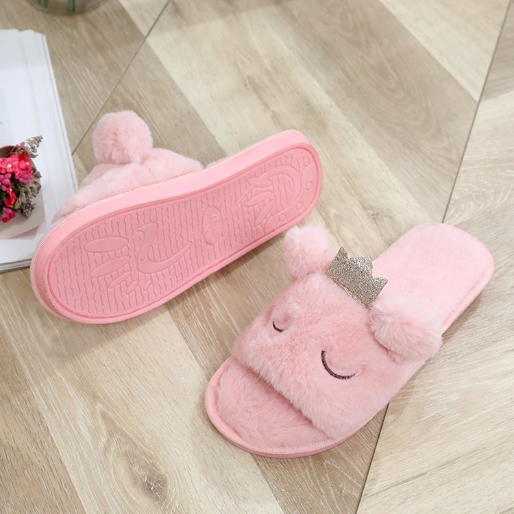 Women's fuzzy slippers - winter indoor/outdoor plush flat floor slippers - open toe crown thong slippers - warm cotton slippers