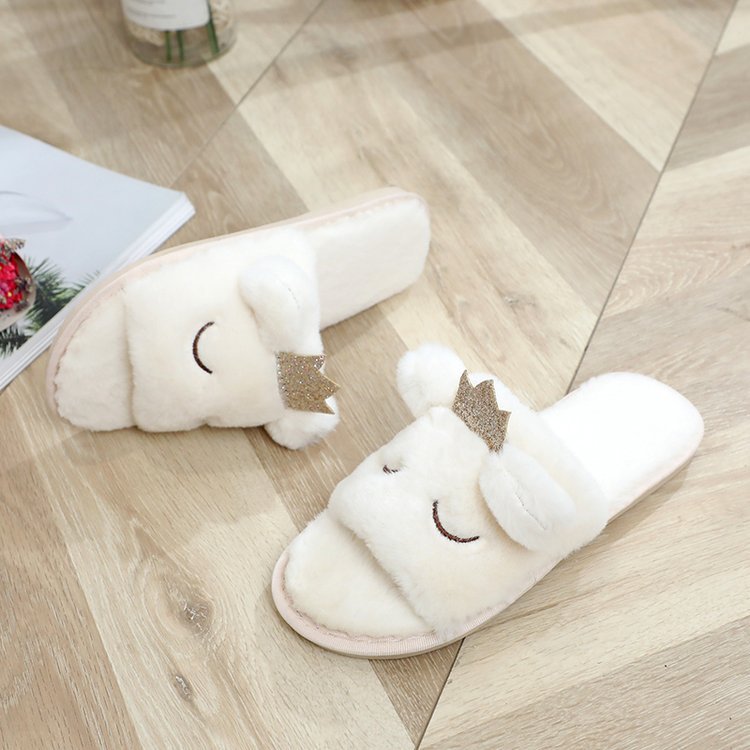 Women's fuzzy slippers - winter indoor/outdoor plush flat floor slippers - open toe crown thong slippers - warm cotton slippers