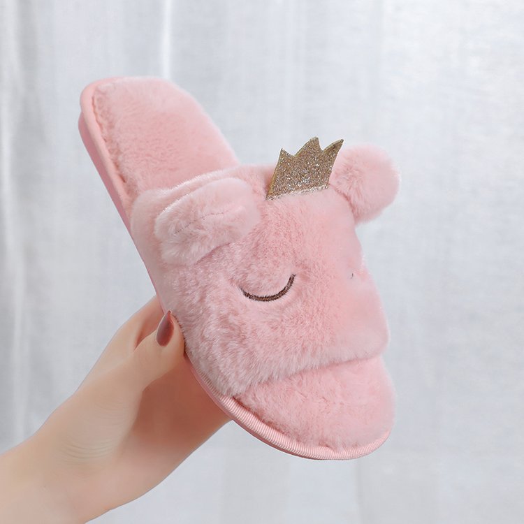Women's fuzzy slippers - winter indoor/outdoor plush flat floor slippers - open toe crown thong slippers - warm cotton slippers