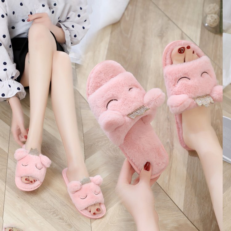 Women's fuzzy slippers - winter indoor/outdoor plush flat floor slippers - open toe crown thong slippers - warm cotton slippers