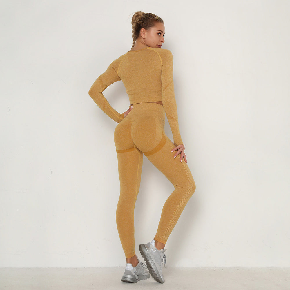 European and american style ruched seamless yoga set for women - high waist peach lift tight workout long sleeve fitness yoga pants two-piece set