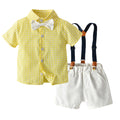 Korean style boys' summer outfit: two-tone plaid short-sleeve shirt and overalls set - perfect for graduation performances