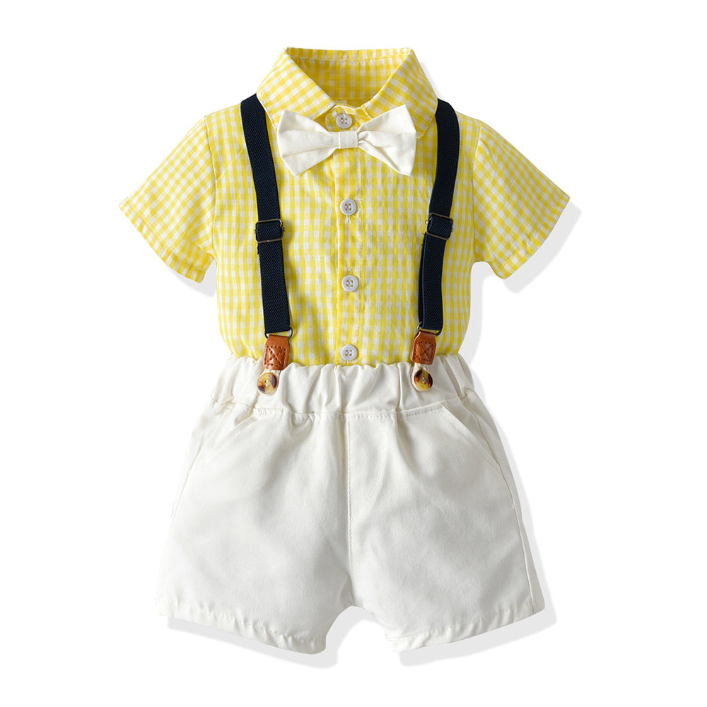 Korean style boys' summer outfit: two-tone plaid short-sleeve shirt and overalls set - perfect for graduation performances