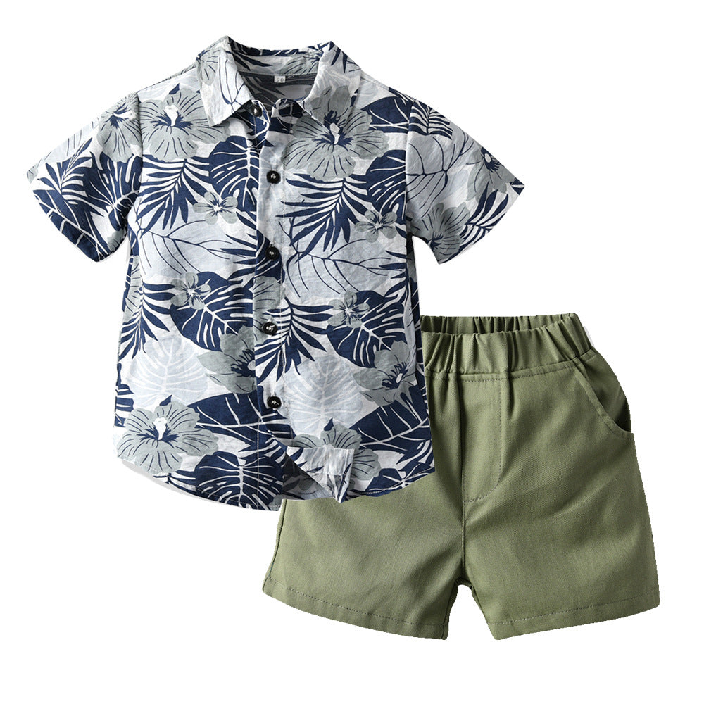 Amazon children's wear cross-border new arrivals: boys' summer printed short-sleeve shirt and shorts casual two-piece trendy set