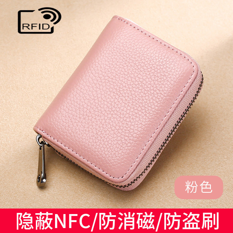 RFID anti-theft brush anti-degaussing PU leather card bag women's leather zipper bank card cover multi-card position large capacity card holder