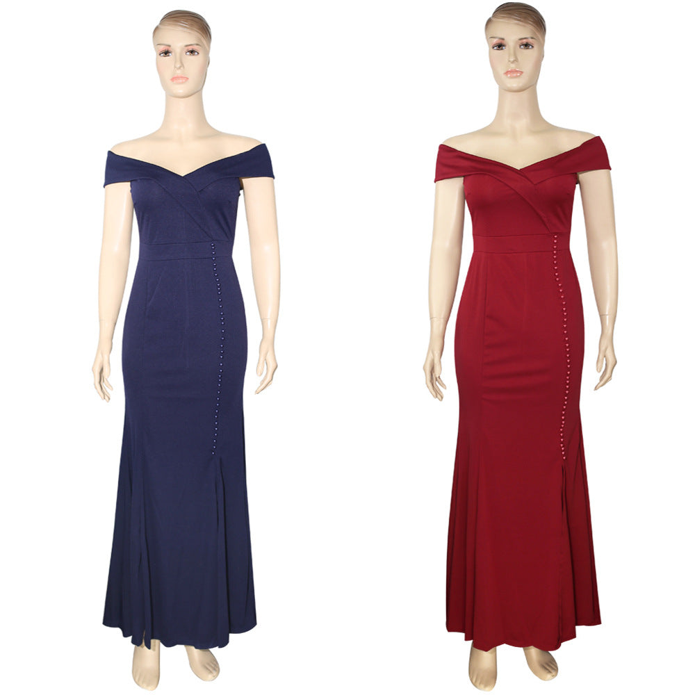 african plus size women's off-the-shoulder pleated slit mermaid evening dress -  dress