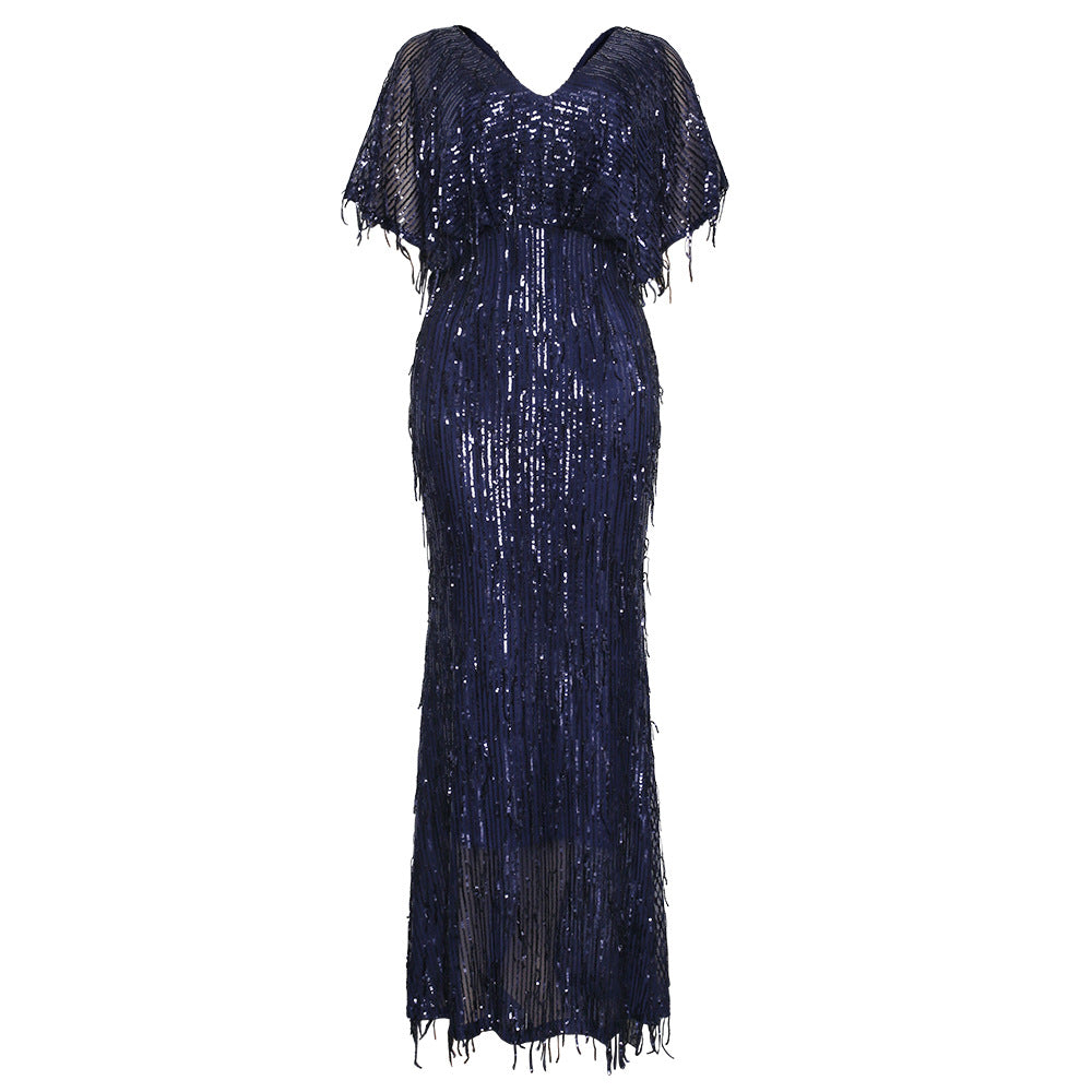 African women's clothing  cross-border supply:  &  v-neck sexy sequin tassel evening gown dress
