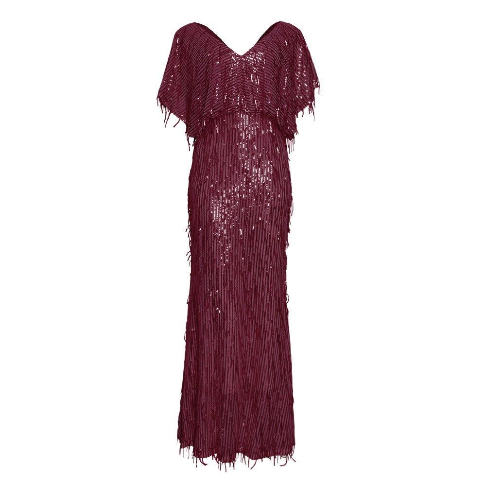 African women's clothing  cross-border supply:  &  v-neck sexy sequin tassel evening gown dress