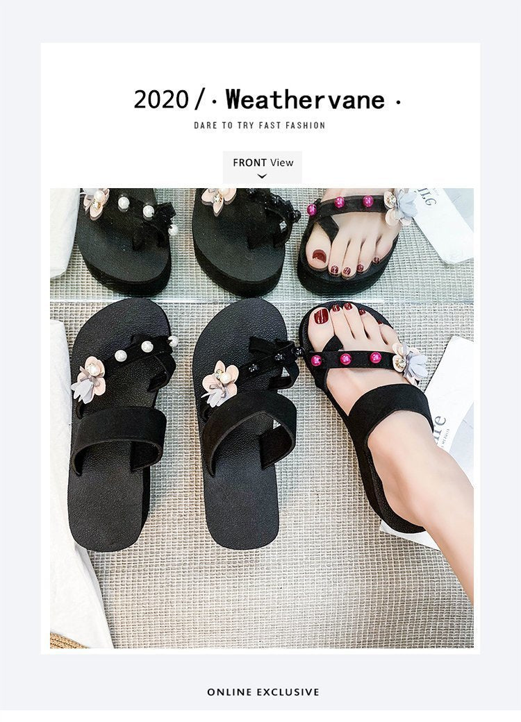 Flower thong sandals, summer outerwear, fairy style, 2024 new fashion pearl women's sandals, thick soleplatform shoes, trendy