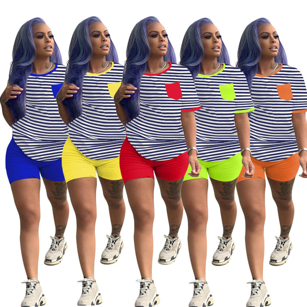 S3768 Foreign Trade Summer New, Fashion Classic Stripe Printing Casual Sports Two-piece Suit Women's Shorts