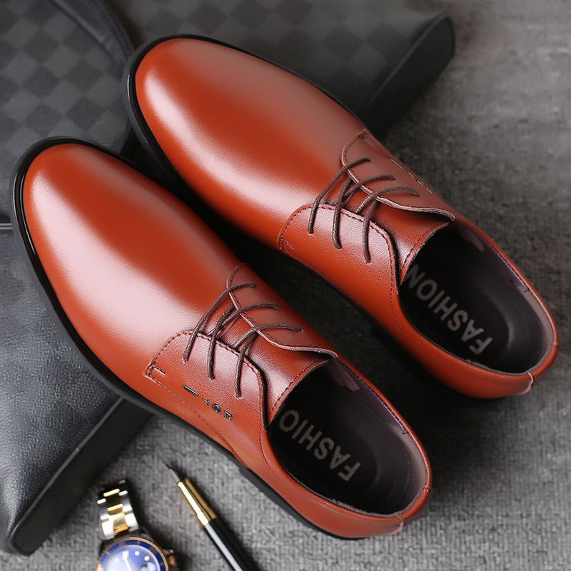 Leather shoes breathable cowhide casual shoes business formal leather shoes men's real easiest for match pointed toe tie back wedding shoes