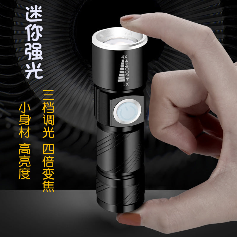 Mini strong light flashlight USB rechargeable aluminum alloy built-in battery telescopic zoom portable led flashlight