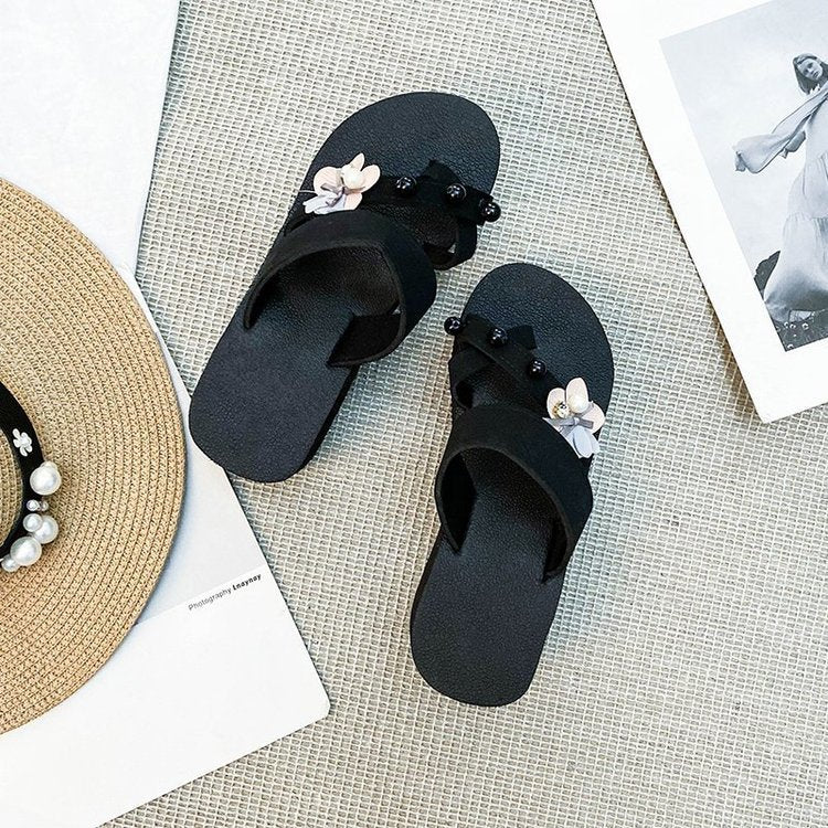 Flower thong sandals, summer outerwear, fairy style, 2024 new fashion pearl women's sandals, thick soleplatform shoes, trendy