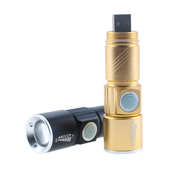Mini strong light flashlight USB rechargeable aluminum alloy built-in battery telescopic zoom portable led flashlight