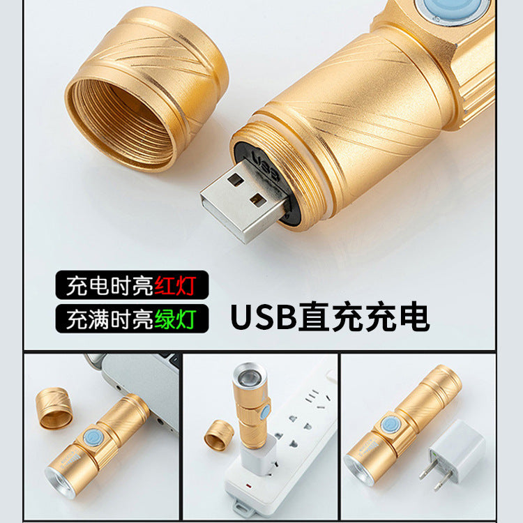 Mini strong light flashlight USB rechargeable aluminum alloy built-in battery telescopic zoom portable led flashlight
