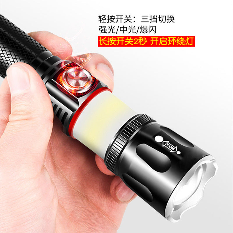 Cross-border strong light flashlight T6 + COB multi-functional aluminum alloy outdoor camping zoom rechargeable LED flashlight