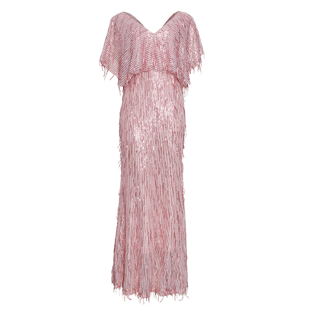African women's clothing  cross-border supply:  &  v-neck sexy sequin tassel evening gown dress