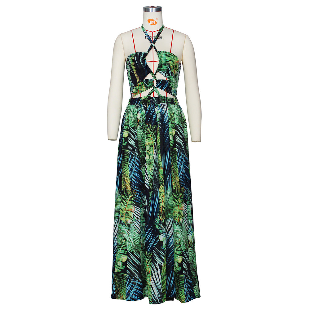 new arrival: cross-border e-commerce hot seller - halter neck maxi dress with digital print, european and american fashion style, flowy skirt, women's dress