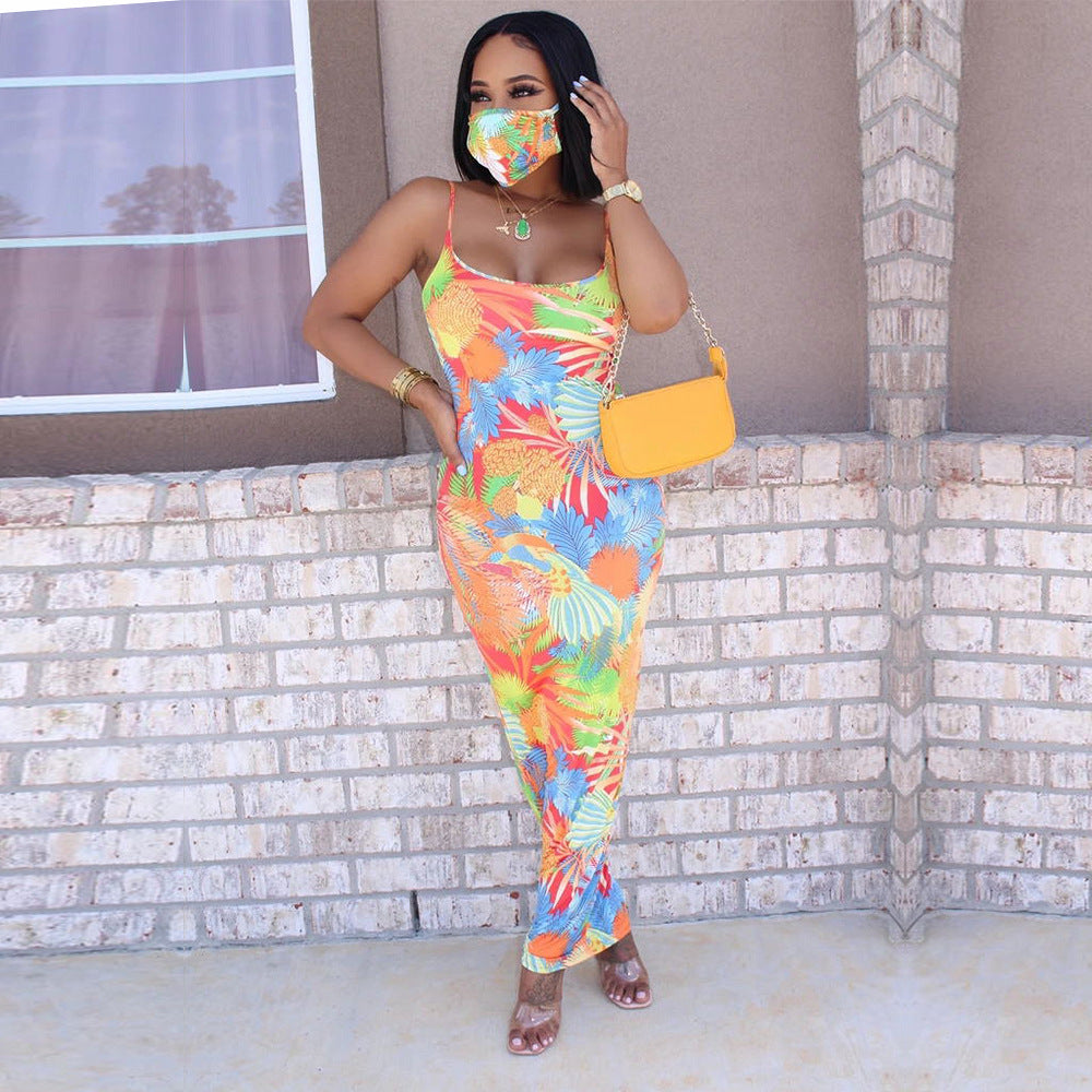 S3779 Cross-border European and American women's clothing hollow sexy suspender printed dress one-step skirt women (excluding masks)