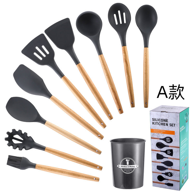 in stock wooden handle silicone 12-piece suitfor home kitchenware non-stick cooking spatula spoon baking kitchenware