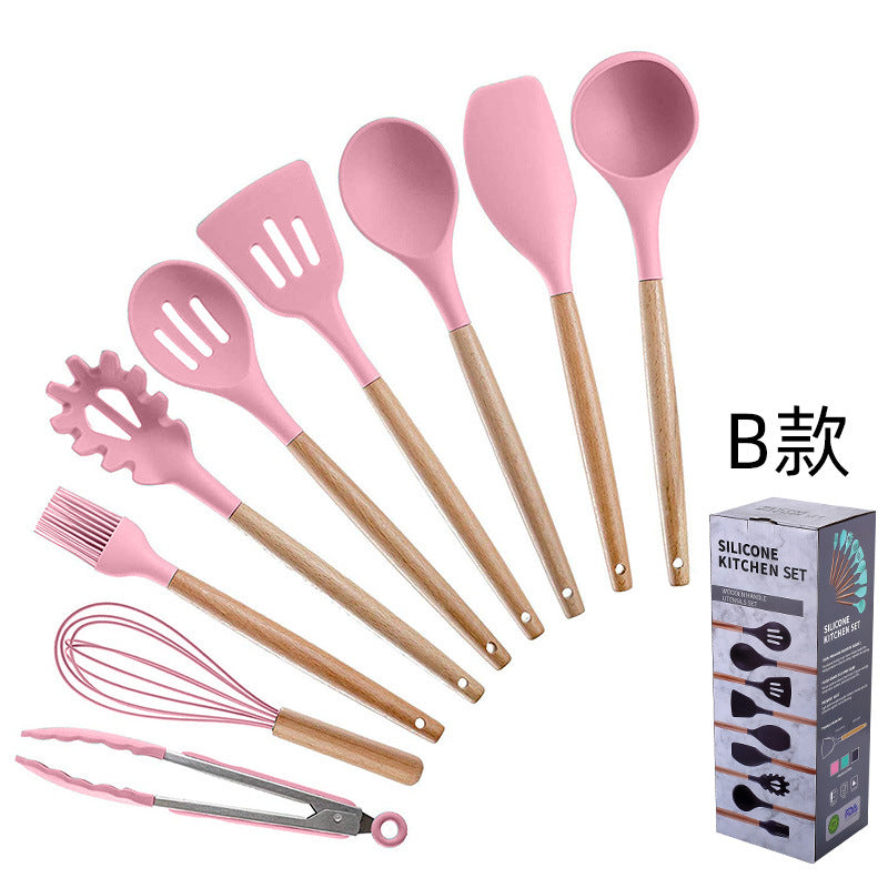 in stock wooden handle silicone 12-piece suitfor home kitchenware non-stick cooking spatula spoon baking kitchenware