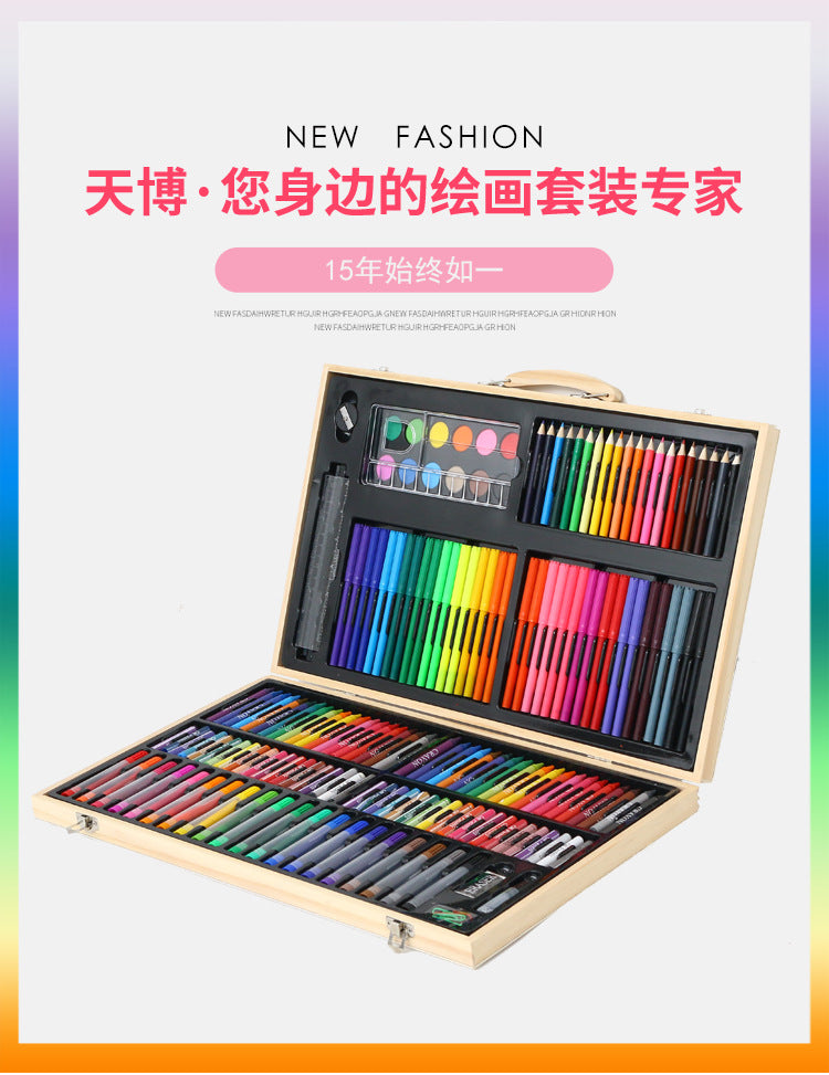 Customized 180-piece wooden box painting set can be customized LOGO children's painting watercolor pen crayon art brush